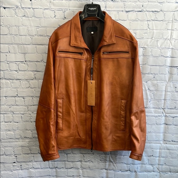 CURGÈ Men's Camel Leather‎ Zip Up Jacket Made in Italy NWT size Small #1 - Picture 1 of 8